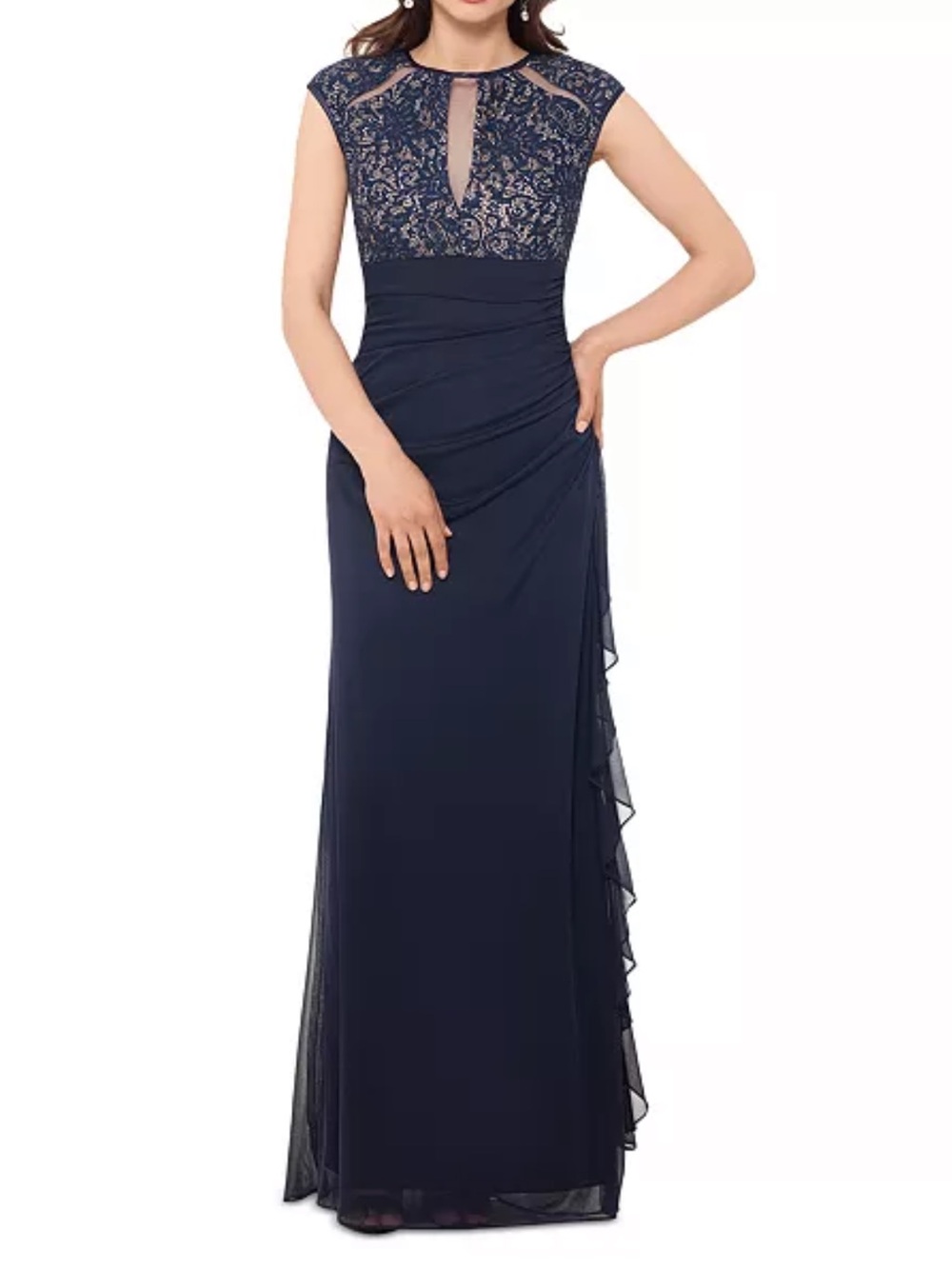 Betsy & Adam navy blue Lace Top Keyhole Ruched Mesh Gown size 14w NWT new